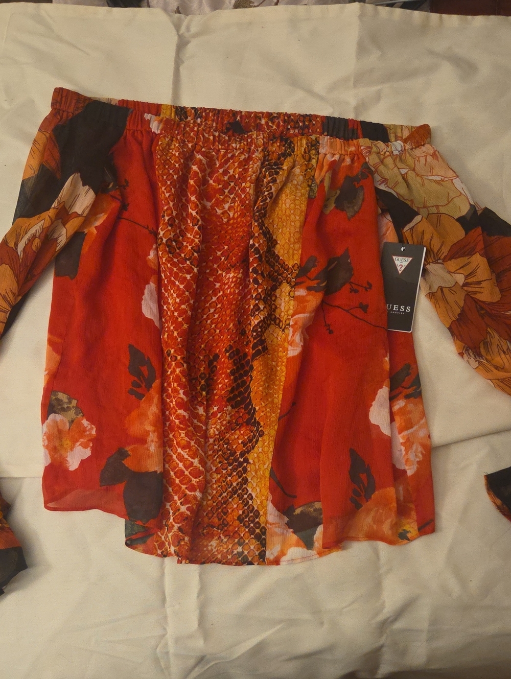 GUESS Off-Shoulder Floral & Snake-Print Blouse in Red and Orange
